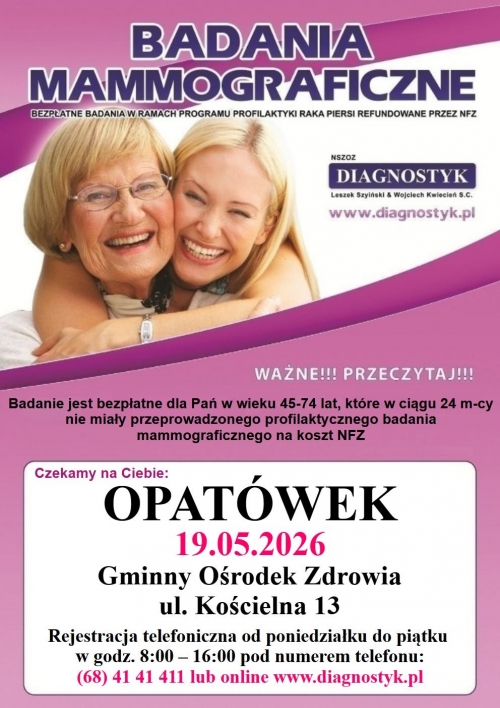 Zdjęcie do aktualności: Zapraszamy mieszkanki Gminy Opatówek na bezpłatne badania mammograficzne wiecej
